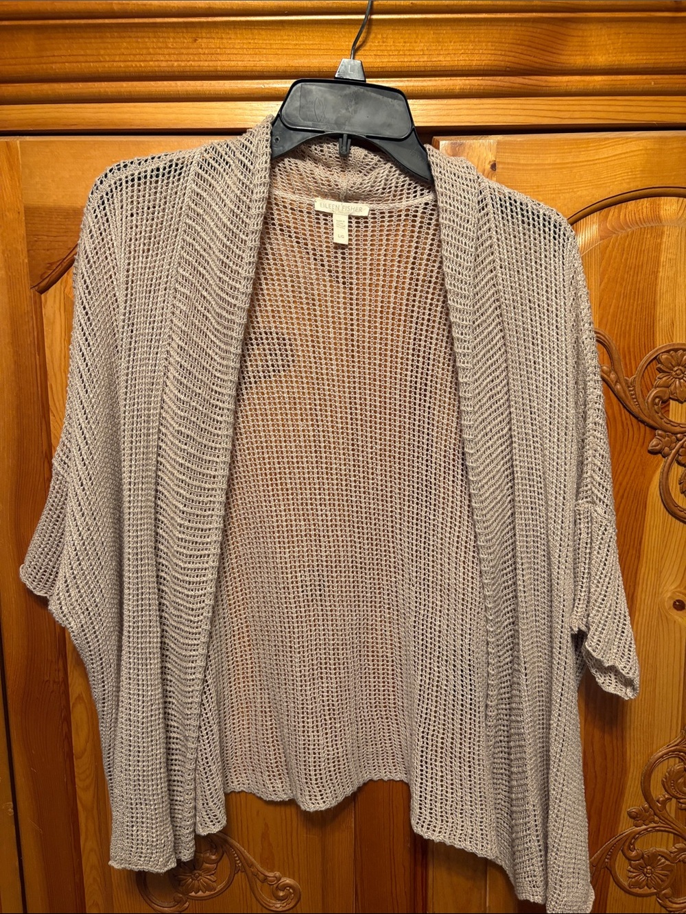 Eileen Fisher Open-Knit Light Taupe Short-Sleeve Cardigan